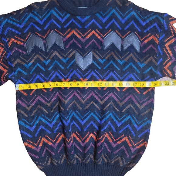 VTG WEEDS Men's Multicolor Zig-Zag Pattern Knit Grandpa Sweater Leather Trim L - Picture 6 of 9